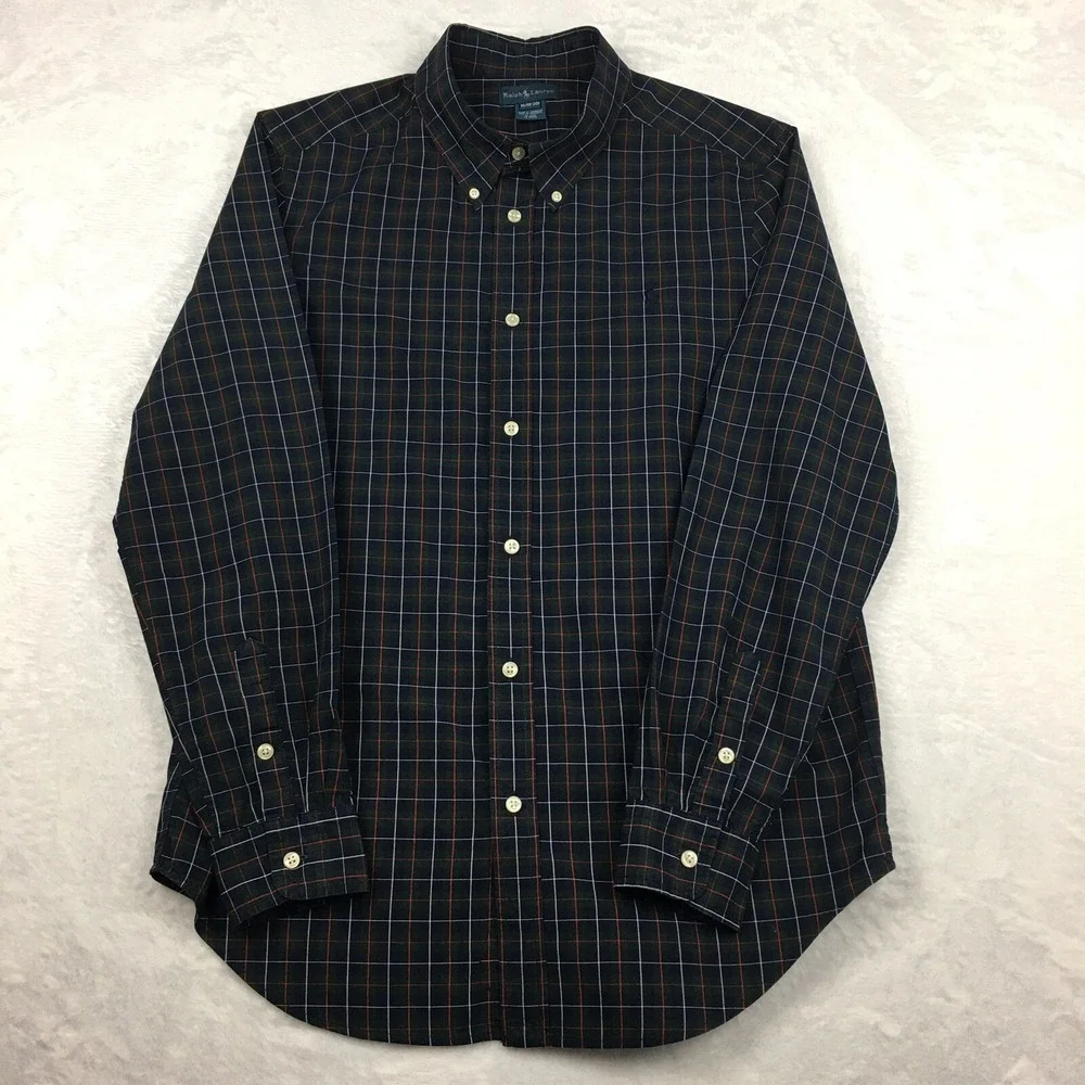 Ralph Lauren Shirt Boys XL (18-20) Navy Blue/Hunter Green Check Long Sleeves